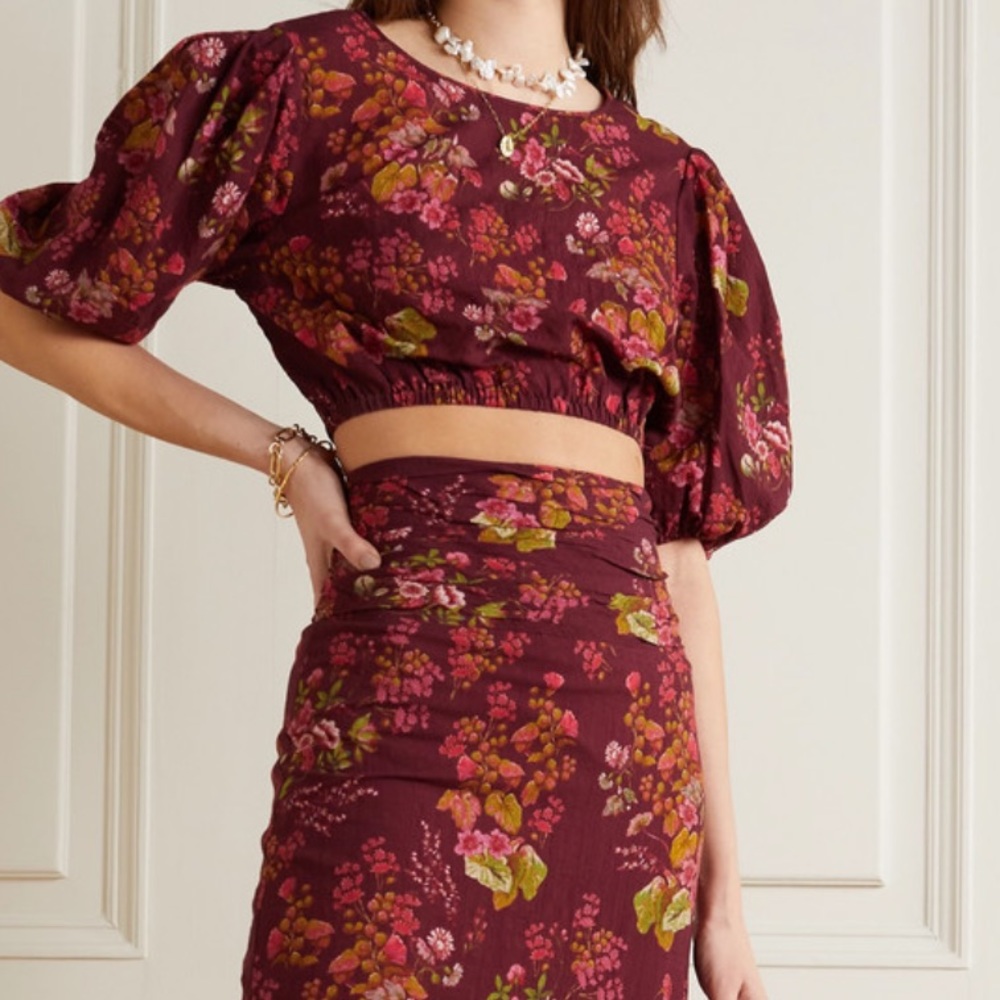 Peony cropped floral-print organic cotton-blend top